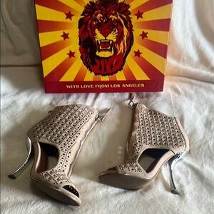 Jeffrey Campbell Nude Silver Studded Peeptoe Cutout Boots Heels 9